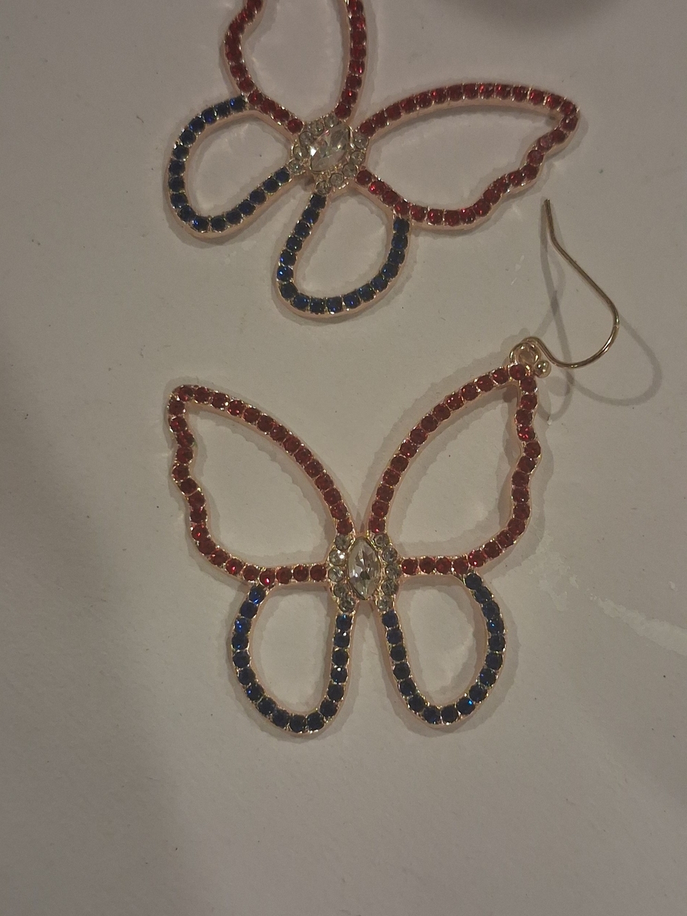 Gold Butterfly Drop Earrings with Red and Blue Crystals